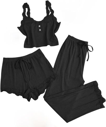 Pajama Sets for Women 3 Piece Lace Trim Cami Tops and Shorts Ribbed Sleepwear Sexy Cami Pjs Sets in Saudi Arabia