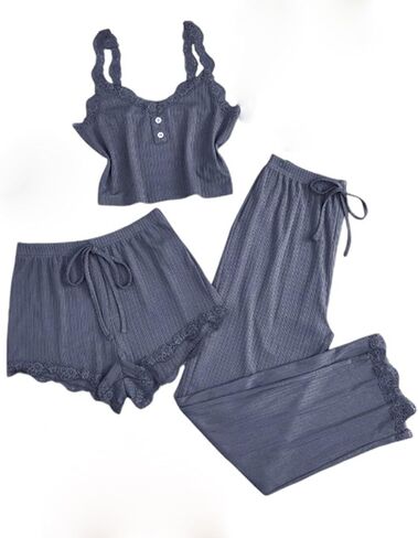 Pajama Sets for Women 3 Piece Lace Trim Cami Tops and Shorts Ribbed Sleepwear Sexy Cami Pjs Sets in Saudi Arabia