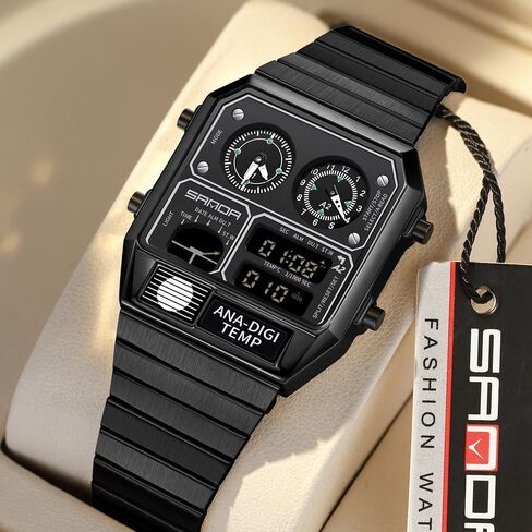 MASTOP Retro Square Analog Digital Watch with Temperature Display 3 Time Zones Luminous Backlight 50M Waterproof Alarm Stopwatch Week/Date in Saudi Arabia