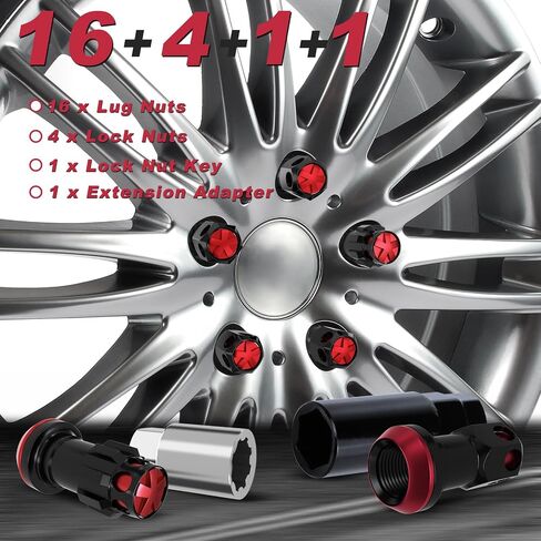 Lug Nuts Aluminum/Alloy Steel Tire Nut Lock 16 PCS Hex Nuts,4xEight Point Spline Nuts,1xHex Socket Key,1xEight Point Spline Socket Key,22mm OD/45mm H (Red Accents/Black Body, M12x1.5) in Saudi Arabia