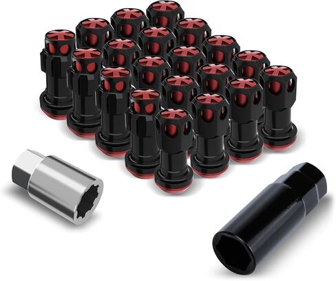 Lug Nuts Aluminum/Alloy Steel Tire Nut Lock 16 PCS Hex Nuts,4xEight Point Spline Nuts,1xHex Socket Key,1xEight Point Spline Socket Key,22mm OD/45mm H (Red Accents/Black Body, M12x1.5) in Saudi Arabia