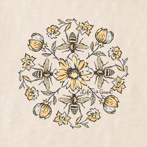 الحياة جيدة. تي شيرت نسائي منقوش عليه زهور Bee Mandala SS، أبيض المعجون، مقاس كبير in Saudi Arabia