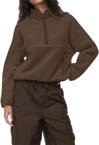 Women's Half Zipper Crop Sweatshirt High Neck Long Sleeve Solid Color Loose Casual Hoodies in Saudi Arabia