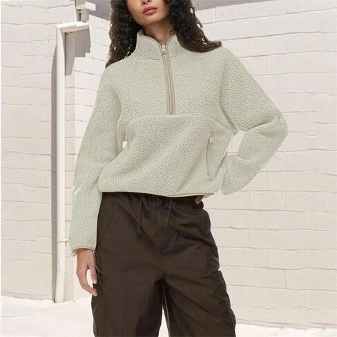 Women's Half Zipper Crop Sweatshirt High Neck Long Sleeve Solid Color Loose Casual Hoodies in Saudi Arabia