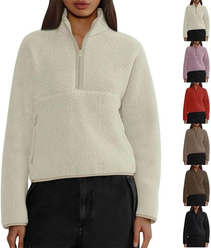 Women's Half Zipper Crop Sweatshirt High Neck Long Sleeve Solid Color Loose Casual Hoodies in Saudi Arabia