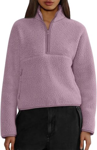 Women's Half Zipper Crop Sweatshirt High Neck Long Sleeve Solid Color Loose Casual Hoodies in Saudi Arabia