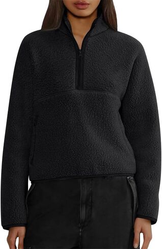 Women's Half Zipper Crop Sweatshirt High Neck Long Sleeve Solid Color Loose Casual Hoodies in Saudi Arabia