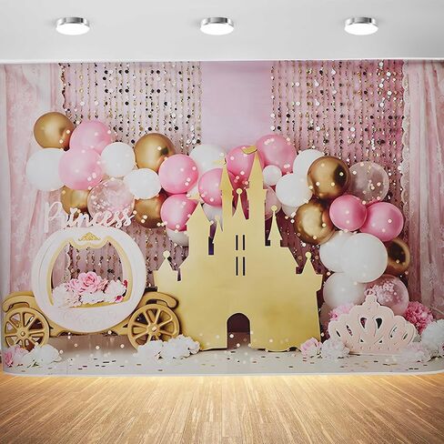 7x5ft Pink Balloons Princess Birthday Backdrop Sweet One Castle Photography Background Girls Happy Birthday Party Cake Table Banner Decorations Supplies Photo Booth Props in Saudi Arabia