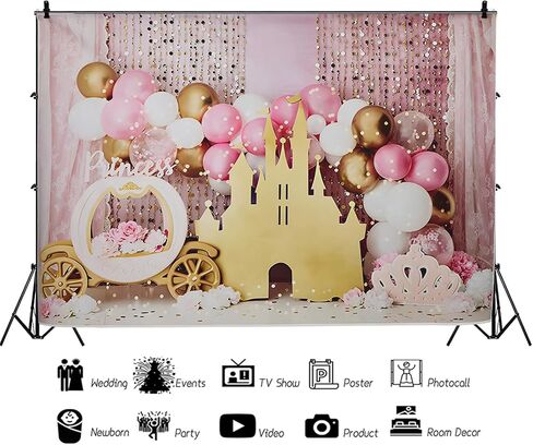 7x5ft Pink Balloons Princess Birthday Backdrop Sweet One Castle Photography Background Girls Happy Birthday Party Cake Table Banner Decorations Supplies Photo Booth Props in Saudi Arabia