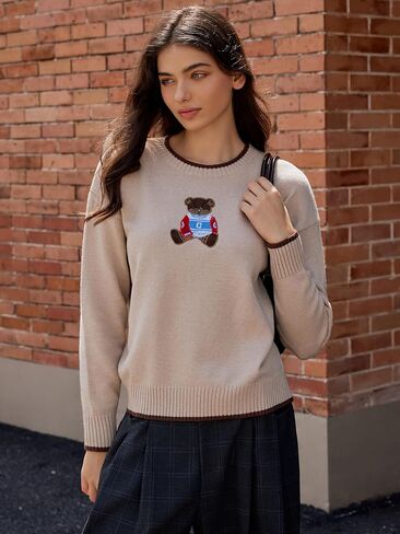 CIDER Womens Sweaters Fall Long Sleeve Bear Graphic Crewneck Sweater Soft Knit Casual Cropped Pullover Cute Fall Outfits 2024 in Kuwait
