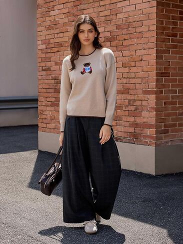 CIDER Womens Sweaters Fall Long Sleeve Bear Graphic Crewneck Sweater Soft Knit Casual Cropped Pullover Cute Fall Outfits 2024 in Kuwait