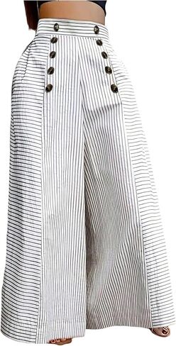 GORGLITTER Women's Striped Wide Leg Pants Button High Waisted Office Suit Palazzo Pants Trousers in Saudi Arabia