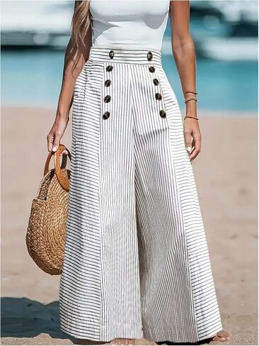 GORGLITTER Women's Striped Wide Leg Pants Button High Waisted Office Suit Palazzo Pants Trousers in Saudi Arabia