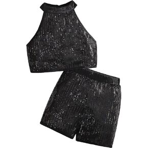 OYOANGLE Girl's 2 Piece Outfit Sequin Sparkle Halter Neck Tank Top and Shorts Set