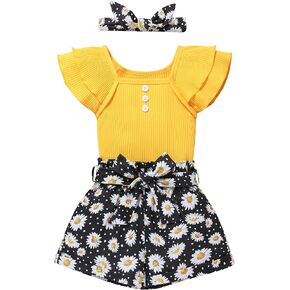 Toddler Girls Clothes Ruffle Sleeve Tops Cute Short Sets with Headband 3PC Toddler Girl Outfit