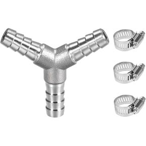Stainless Steel 1/4" Hose Barb Y Barbed Fitting 3 Way Wye Adapter with 3pcs Hose Clamps