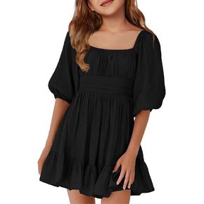Girls Summer Dresses Square Neck Lantern Sleeve Tie Backless Ruffle A-Line Party Mini Dress