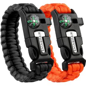 Paracord Bracelet, Pack of 2, Emergency Survival Kit Fire Starter Compass Whistle 8.5-10 ft Continuous Strand Flint Steel Scraper 5 in 1