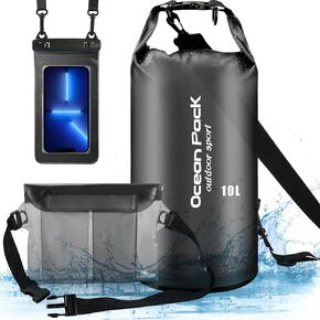 Set of 3 Waterproof Dry Bag - 20L Lightweight Dry Sack with Waterproof Waist Pouch & Phone Case, Dry Storage Bag Backpack for Kayaking, Beach, Surfing, Swimming and Beach,Black