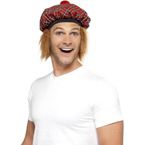 Smiffy's Men's Tam-O-Shanter Tartan Hat with Hair and Pom Pom