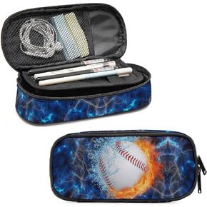 Pencil Pen Case Bag for Boys Girls, Durable Soft Pen Pouch Bag Pencil Box with Multi-Compartment, Large Aesthetic Pen Organizer Bag for Kids School (Blye Baseball)