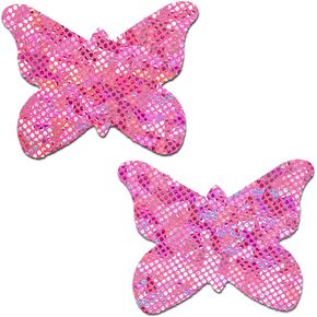 Summer Pasties - Nipple Covers for Festivals, Raves, & Lingerie - Party Outfit Accessory | Latex Free & Made in USA (Holographic Pink Butterfly)
