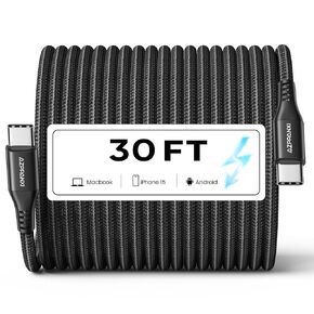 USB C to USB C Cable [20FT/6M], Extra Long Type C Fast Charging Cable 60W, Premium Nylon Braided PD Type C to Type C Charger Cord for iPhone 15 Pro Max Galaxy iPad Pro Switch Pixel & USB-C Phone, Gray