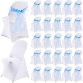 25 Sets Stretch Spandex Folding Chair Covers and Organza Chair Bow Sashes Washable Fitted Chair Slipcovers Chairs Protector with Bows Sashes for Wedding Events Banquets Decoration (Blue)