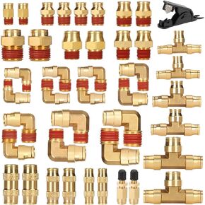 43PCS Brass Air Brake Line Fittings (1/4" 3/8" 1/2"), Push-to-Connect Fittings with NPT Thread, Air Hose Fittings Assortment Kits with Tube Cutter for Truck or Industrial Air System
