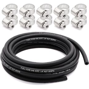 NBR Rubber ID 1/4 inch(6mm) Fuel Hose Fuel Line SAE 30R7 25Feet 300PSI with 10Pcs Stainless Steel Clamps
