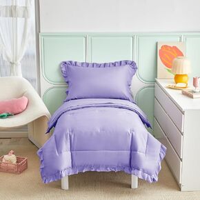 4 Pieces Yellow Toddler Bedding Set with Ruffle Fringe, Solid Color Toddler Bed Set - 1 Toddler Comforter + 1 Fitted Sheet +1 Flat Sheet +1 Pillowcase for Baby Boys and Girls