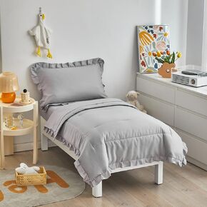 4 Pieces Yellow Toddler Bedding Set with Ruffle Fringe, Solid Color Toddler Bed Set - 1 Toddler Comforter + 1 Fitted Sheet +1 Flat Sheet +1 Pillowcase for Baby Boys and Girls