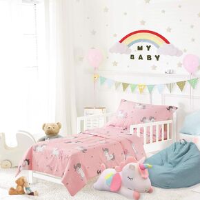 طقم سرير UOZZI BEDDING يونيكورن 4 قطع للأطفال الصغار مع نجوم قوس قزح ملونة وردية لطيفة للفتيات الصغيرات طقم ملاءات سرير وأغطية وسائد