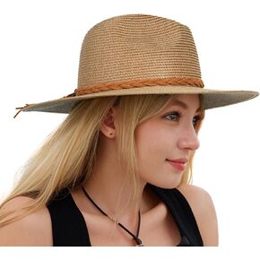 Womens Wide Brim Sun Hat with Wind Lanyard Summer Beach Straw Sun Hat for Women UPF 50+ for Travel Beige