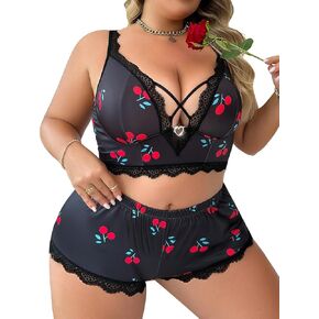 SOLY HUX Women's Plus Size Cute Print Lace Trim Lingerie Set Bra and Panty Underwear Sets