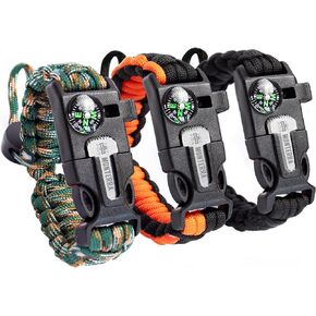 Paracord Survival Bracelet, 3 Pack, Adjustable, Firestarter, Compass, Whistle, Emergency Gear, Camping Accessories, Hiking Essentials, Trekking Adventures, Fishing, hunting.