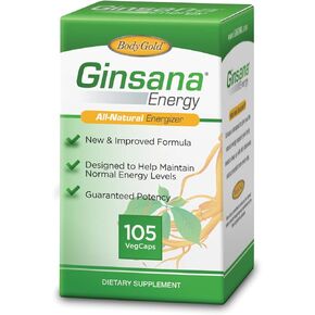 Body Gold Ginsana Energy | Panax Ginseng Extract w/Energizing Herbal Blend for Focus & Endurance | Schizandra Berry, Eleuthero Root, and Decaffeinated Green Tea Leaf Extract | 52 Serv | 105 VegCaps