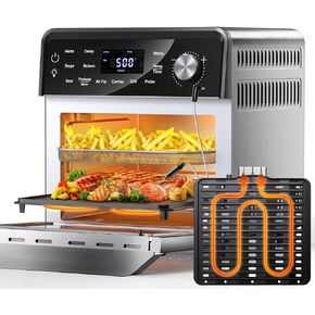 Nuwave Smart Air Fryer Oven with POWERPORT™ Plug-In Grill for Dual-Zone Efficient Cook, 100 in 1 Advanced Convection Toaster Oven Countertop w/Insulated 2-Glass Door, 550°F Preheat, Stainless Steel