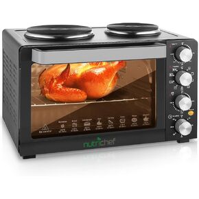 Nutrichef 30 Quart Kitchen Convection Oven & 2 Burner Cooker - 1500 Watt Oven - 7 Cook Functions Rotisserie, Cook, Bake, Broil & More - Includes Baking Tray, Skewers & Handles - 19.6 x 16.0 x 13.5 IN