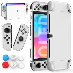 Dockable Case for Nintendo Switch OLED 2021, PC Protective Case Cover for Switch OLED with Comfortable Joy-Con Grip Case and 6 Thumb Stick Caps (White)
