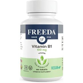 Freeda Vitamin B1 Thiamine 100mg - Supports Energy Metabolism, Nervous System Health - Kosher, Vegan, Gluten Free - Thiamin HCl 100 mg Vitamin B 1 - Pure Vit B1 Vitamin Thiamine B1 Supplement (100 Ct)