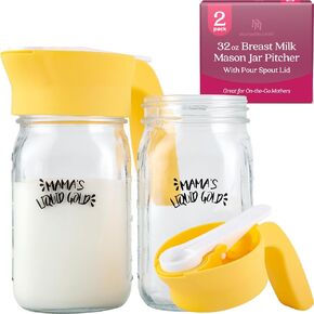 Nurse & Nourish [2 Pack] 32oz Breastmilk Pitcher w/Pour Spout Handle - Breast Milk Mason Jar Pitcher - Glass Pitcher for Breastmilk - Glass Breastmilk Storage Pitcher - Breast Milk Pitcher for Fridge