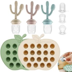 PandaEar 2 Pack Baby Food Freezer Tray & 3 Pack Baby Fruit Food Feeder Pacifier, Baby Fruit Food Feeder Teether Tray Ice Cube Maker, Silicone Feeder Cactus Shape Teething Toy 3 Sizes Pouches