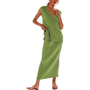 Women's 2 Piece Sweater Outfits Sleeveless V Neck Knit Vest Tops High Waisted Midi Skirt