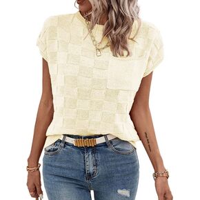 SHEWIN Women's Cap Sleeve Sweater Vest Casual Crewneck Knit Short Sleeve Tops Lightweight T Shirts with Pocket