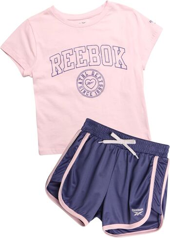 Reebok Girls' Active Shorts Set - 2 Piece Short Sleeve T-Shirt and Mesh Dolphin Gym Shorts - Athleisure Set for Girls (7-12) in Saudi Arabia