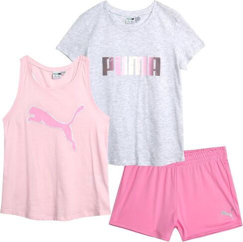 PUMA Girls Active Shorts Set - 3 Piece Performance T-Shirt, Tank Top, Gym Shorts - Summer Athletic Outfit for Girls (7-14) in Saudi Arabia