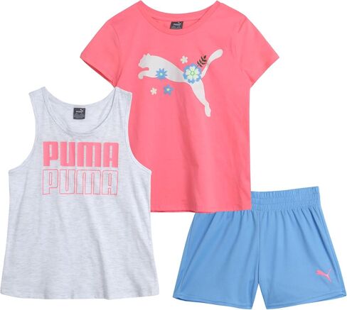PUMA Girls Active Shorts Set - 3 Piece Performance T-Shirt, Tank Top, Gym Shorts - Summer Athletic Outfit for Girls (7-14) in Saudi Arabia