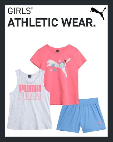 PUMA Girls Active Shorts Set - 3 Piece Performance T-Shirt, Tank Top, Gym Shorts - Summer Athletic Outfit for Girls (7-14) in Saudi Arabia