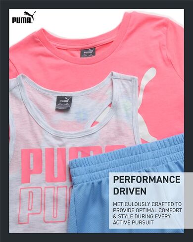 PUMA Girls Active Shorts Set - 3 Piece Performance T-Shirt, Tank Top, Gym Shorts - Summer Athletic Outfit for Girls (7-14) in Saudi Arabia